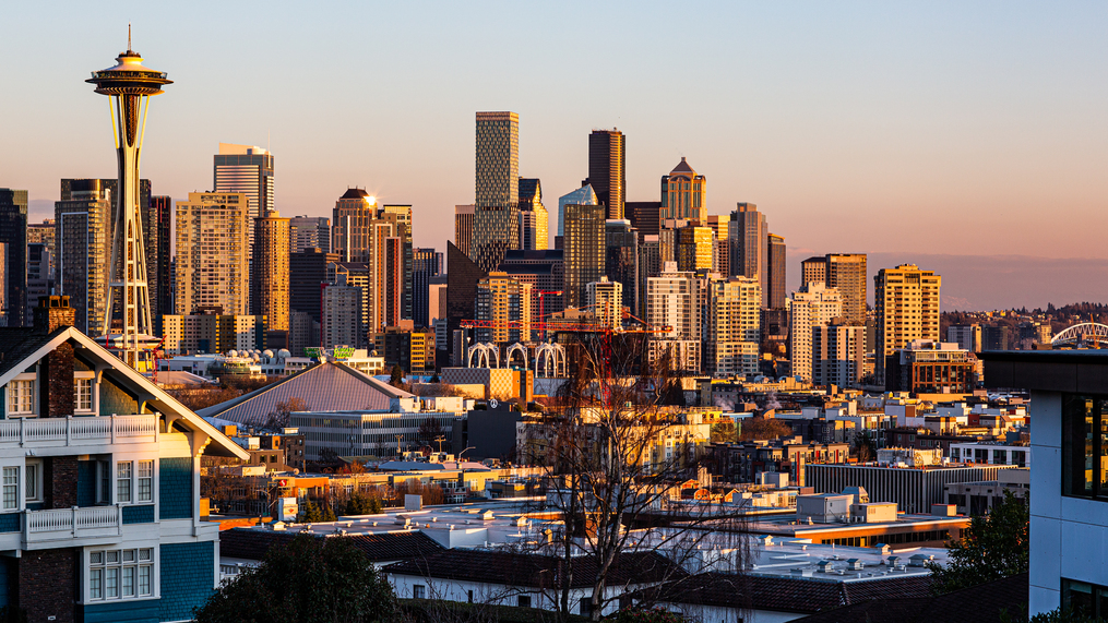Photo of space needle and Skyline at sunset